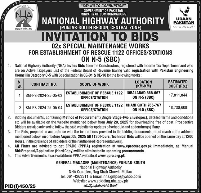 National Highway Authority Islamabad Tender Notice